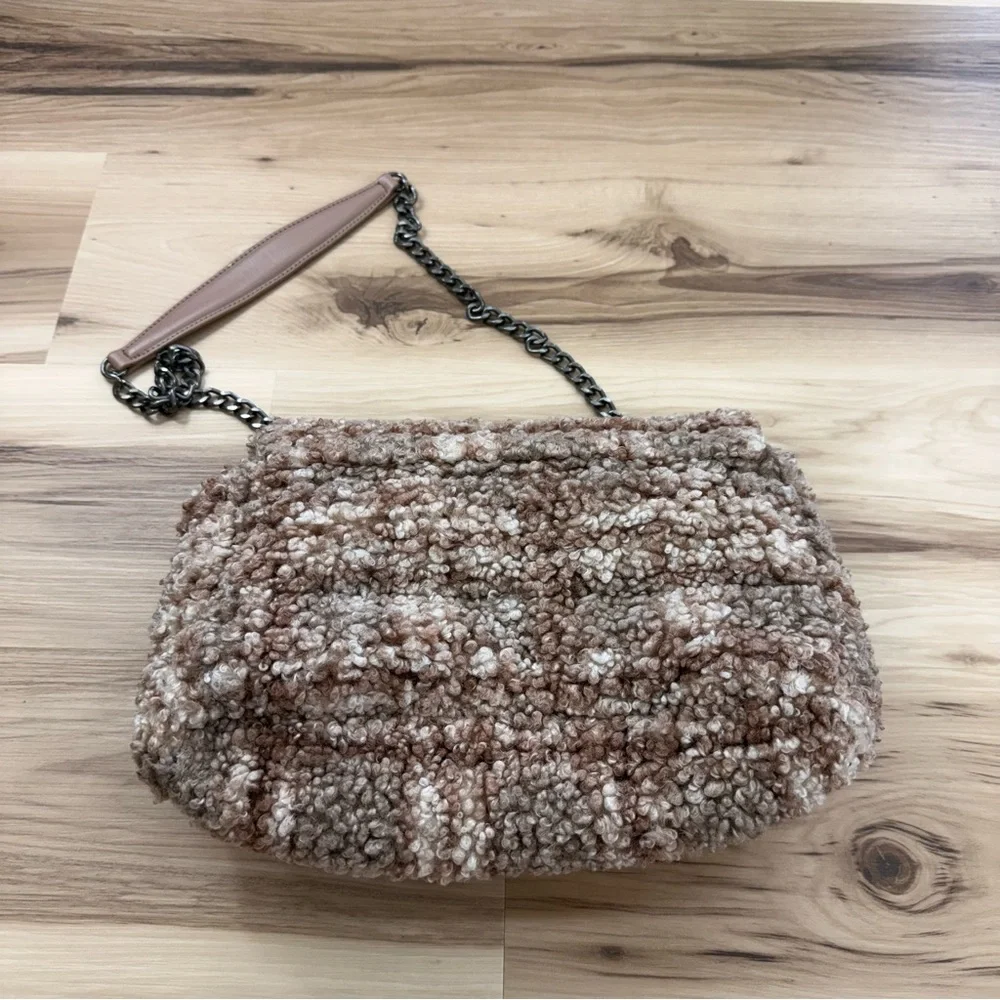 Zara Faux Fur Checkered Textured Brown Sherpa Women's Bag
